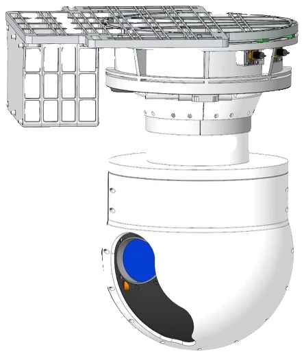 CAD model of a white dome camera on a pan-tilt mount