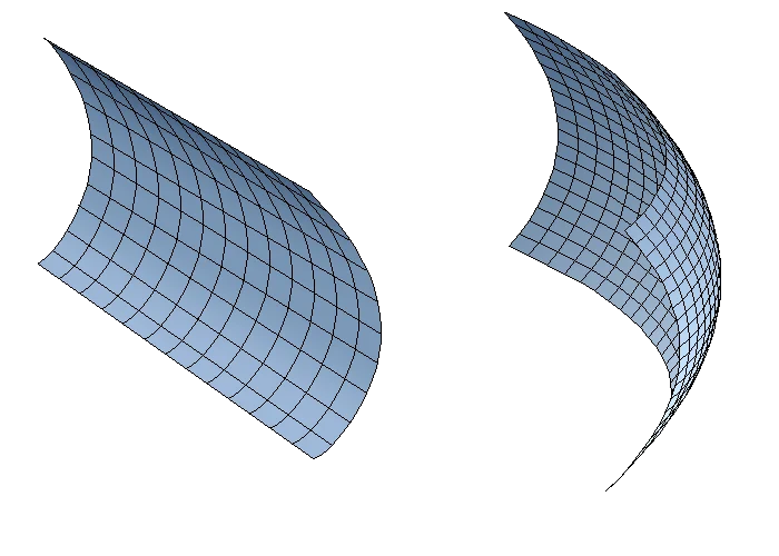 Two curved reconfigurable intelligent surface panels covered in a grid of unit cells